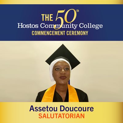 Salutatorian Assetou Doucoure in graduation cap and gown