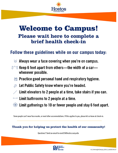 Poster with the words "Welcome to Campus" and guidelines for entering the campus.