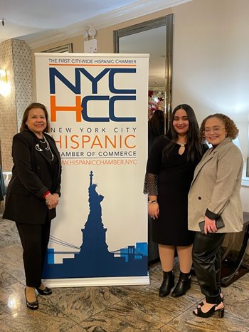 (L-R) Dean of Community Relations, Ana García Reyes, Hostos student Gianna Pascal, and Hostos student Yonaleska Russo at the Holiday Awards Ceremony of the NYC Hispanic Chamber of Commerce. (Photo provided by Dean García Reyes)