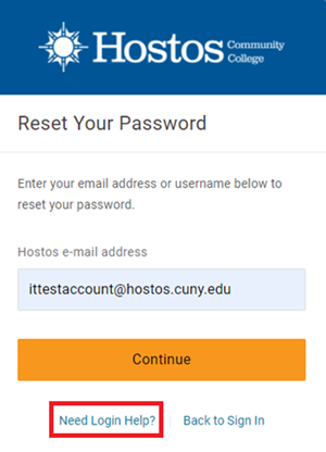 Snip image for Step 2: Enter your Hostos e-mail address then click on the Continue button