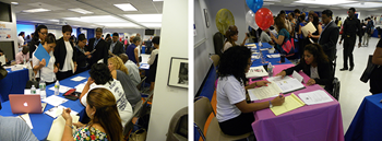 2 pictures. first picture Group gathered around a table. Group seated. second picture group standing around table. group seated. 1 blue balloon. 1 red balloon. white balloon.