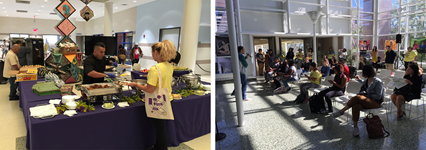 picture1) group of individuals gathered together. eating. picture 2) group of individuals seated.