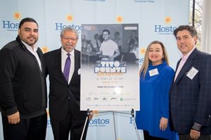 Hostos Center for Arts and Culture retrospective of the life and work of the legendary Tito Puente, “the King of Latin Music. Pictured, Bassist, Carlos Enríquez, President Dr. David Gómez,