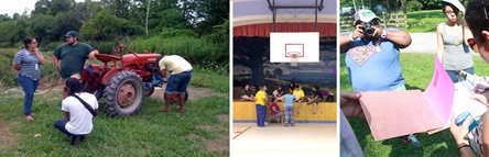 3 Photos. First photo, individuals listening to farmer with tractor. second photo, students standing in GYM. third photo, student taking pictures with a camera.