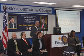 Diversity drives Hostos and that spirit was in the air when Congressman José E. Serrano and State Senator José M. Serrano celebrated Black History Month. Speaker Hostos President David Gomez. 4 men. 1 woman.